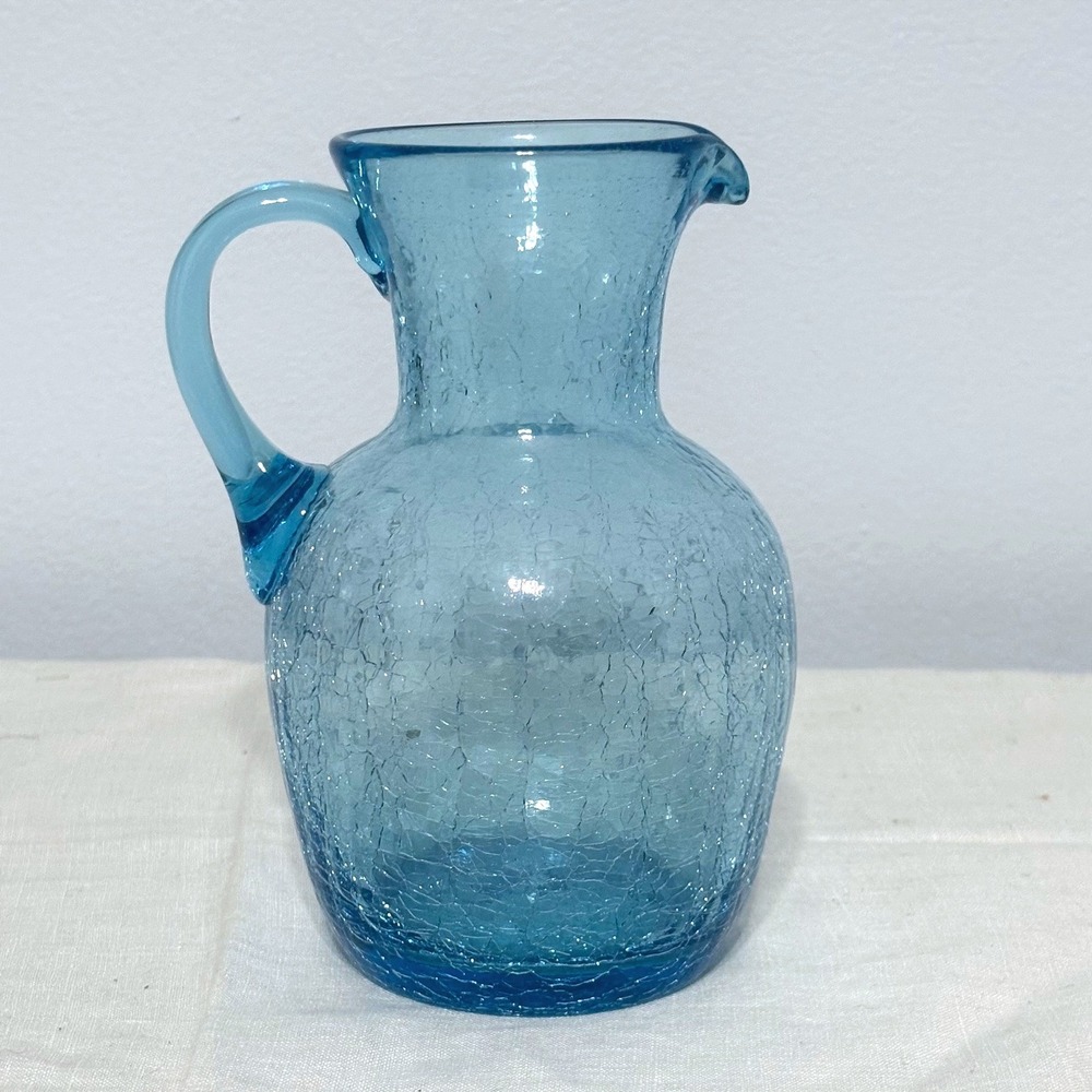 Vintage Aqua Blue Crackle Glass Pitcher Hand Blown Decorative Creamer MCM Spout